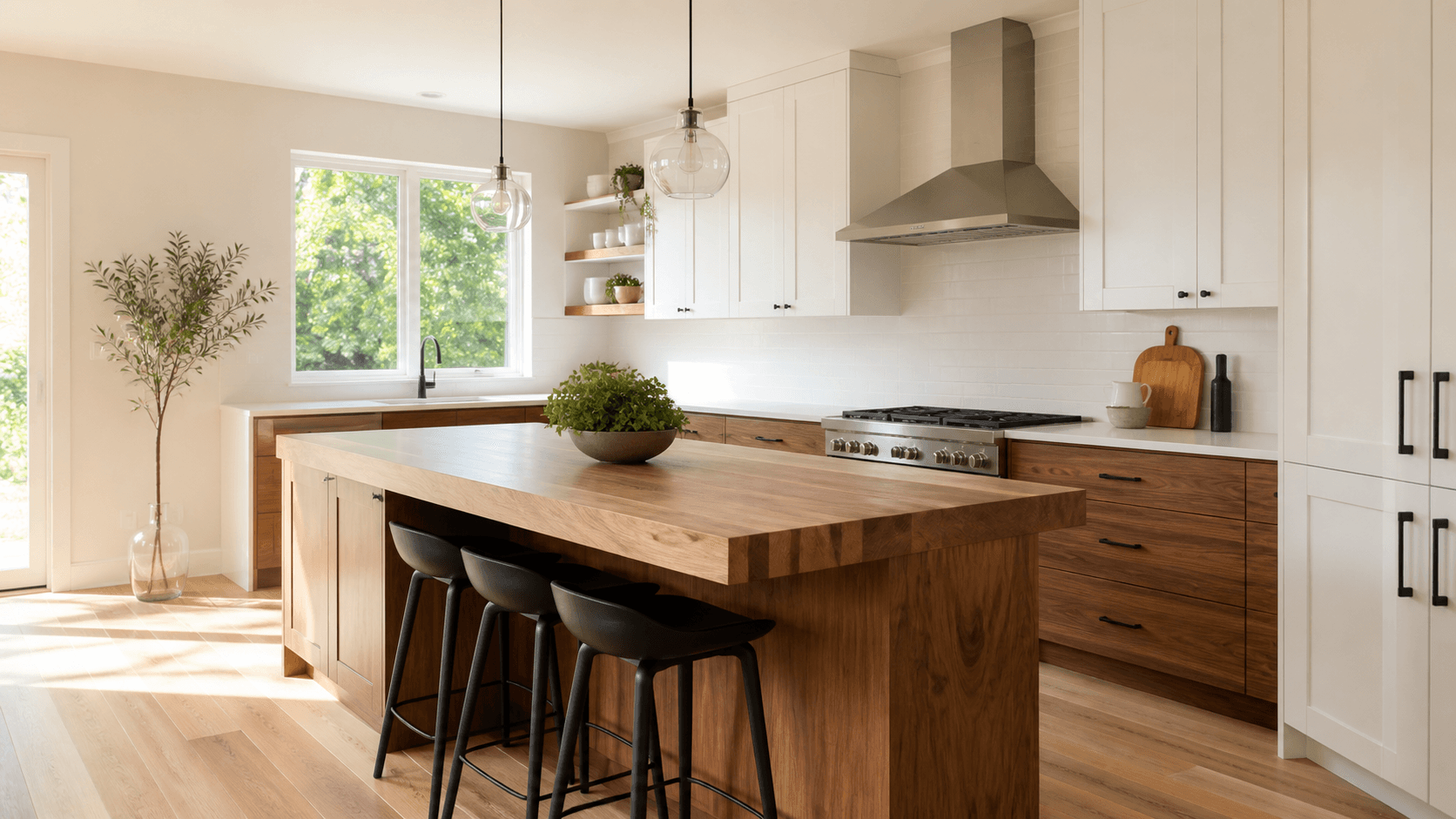 Bright remodeled kitchen with white and walnut cabinetry