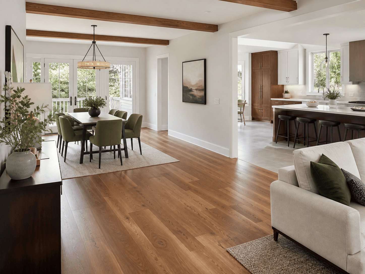 Remodeled open-plan home with coordinated wood flooring and kitchen tile