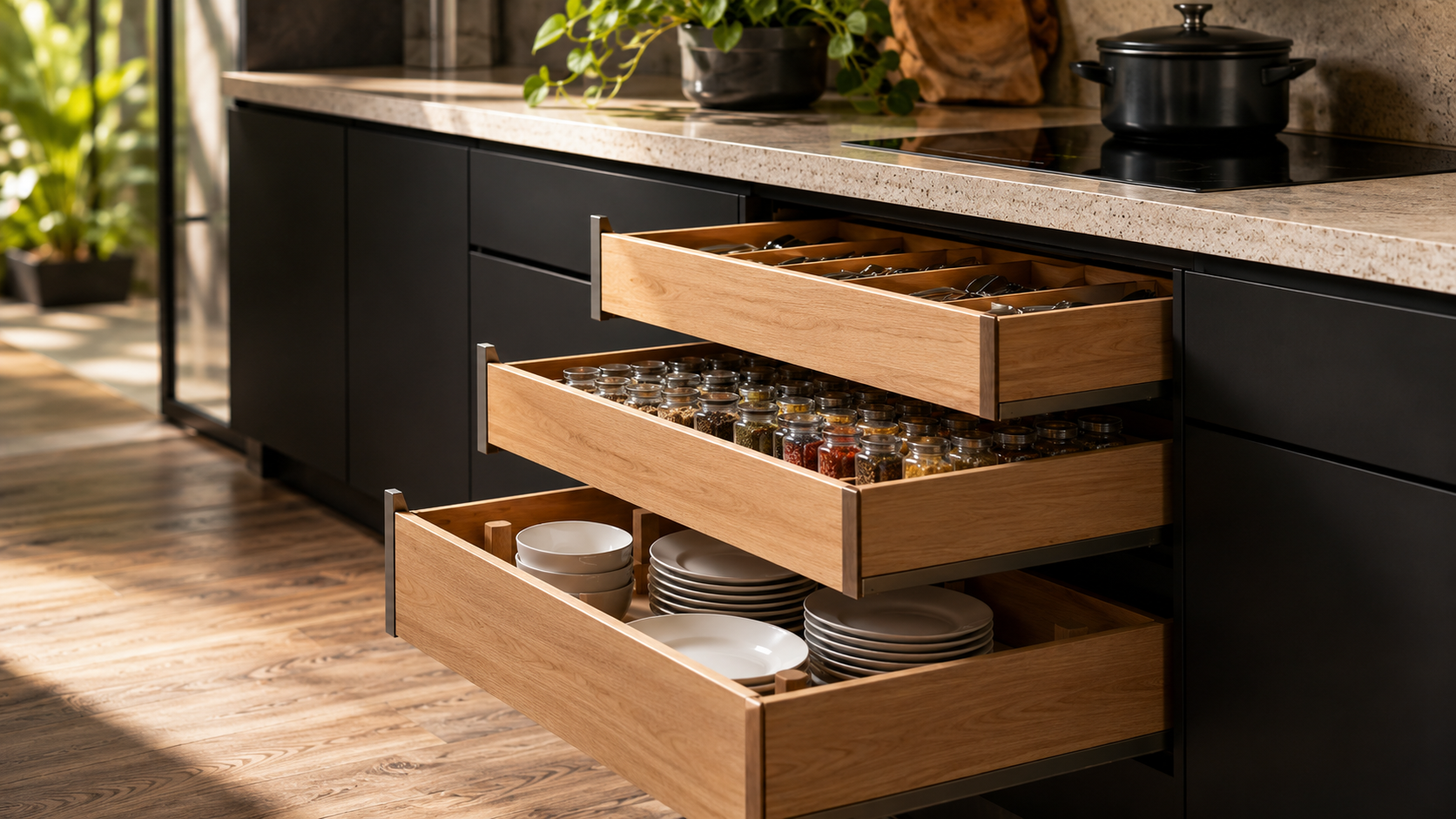 Modern kitchen with full-access wood cabinets, drawers and island storage
